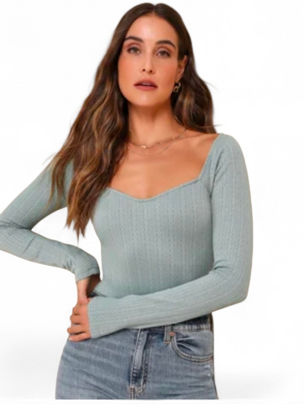 LULU'S Sage Green Too Cute Attitude Pointelle Knit Long Sleeve Bodysuit - Small